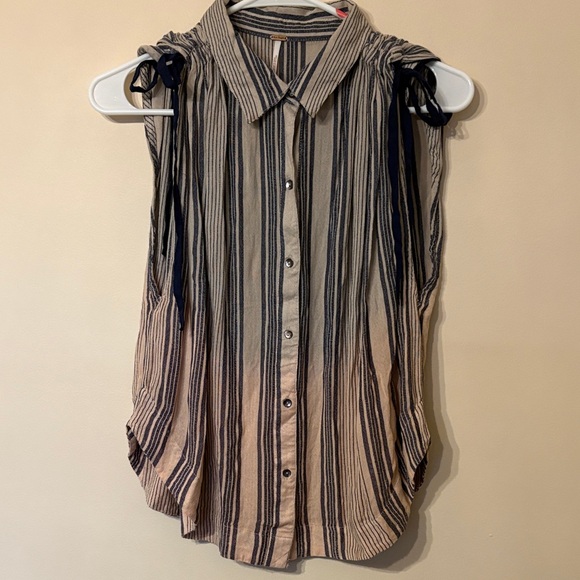 Free People Navy and Beige Striped Button-Down Top - Picture 1 of 7